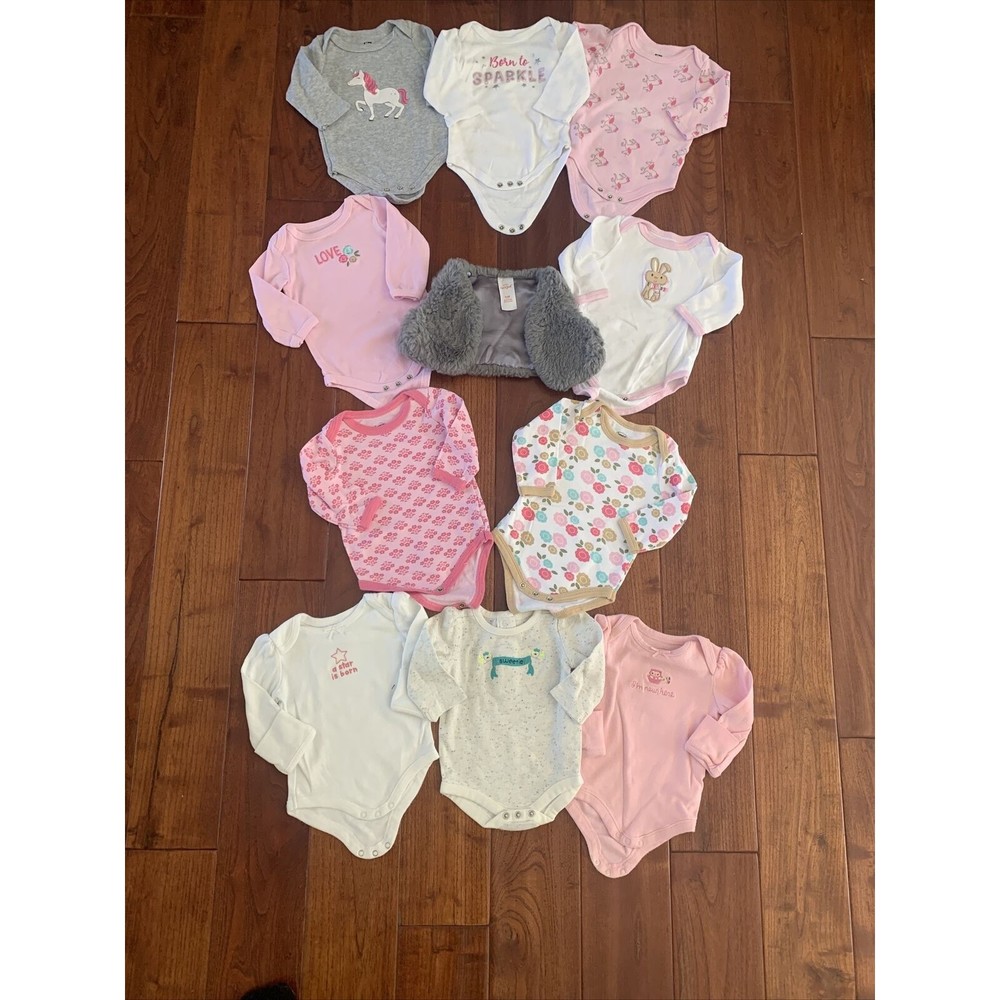 10 Girls Winter Bodysuits 0-3 Month + 1 Fur Vest Hudson Baby~Gymboree~Luvable